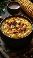 Delicious corn soup served in a rustic bowl with spices and herbs, showcasing comfort food in an inviting kitchen setting photo