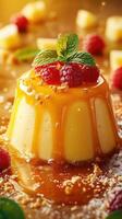 Delicious caramel dessert topped with fresh raspberries and mint sits elegantly on a golden plate photo