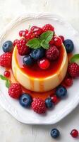 Savory dessert topped with fresh berries on a white plate with a drizzle of caramel photo
