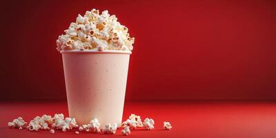Delicious popcorn in a cup on a vibrant red background perfect for movie night or snacking photo