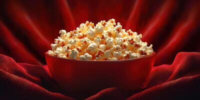 Freshly made popcorn served in a vibrant red bowl on soft red fabric showcasing a cinephile's snack during movie time photo