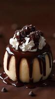 Delicious chocolate dessert topped with whipped cream and chocolate truffles served on a dark background photo