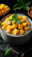 Delicious mango chia pudding garnished with fresh mint leaves served in a rustic bowl photo