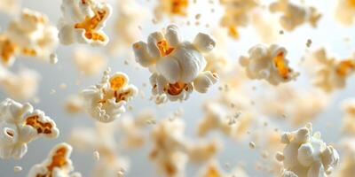Popcorn kernels bursting in air, creating a delightful snack experience in a vibrant kitchen atmosphere photo