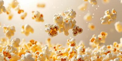 Popcorn kernels flying in the air, creating a fun and lively atmosphere during a movie night photo