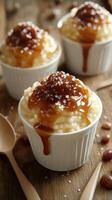 Delicious dessert featuring rice pudding topped with caramel sauce and sea salt in a cozy setting photo