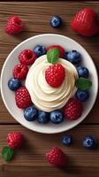 Delicious whipped cream dessert topped with fresh raspberries and blueberries on a wooden table photo