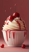Delicious dessert with creamy frosting and bright cherries on top served in a white bowl against a reddish background photo