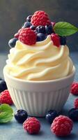 Delicious frozen yogurt topped with fresh raspberries and blueberries served in a white ceramic bowl photo