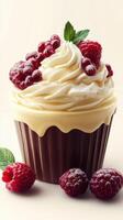 Delicious chocolate cupcake topped with creamy frosting and fresh raspberries in a bright setting photo