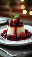 Delicious dessert featuring creamy panna cotta topped with fresh berries and a vibrant raspberry sauce in a cozy dining setting photo