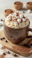 Delicious hot chocolate topped with marshmallows served in a rustic cup on a wooden board during wintertime photo