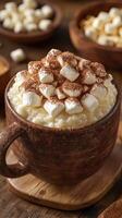 Creamy hot beverage with fluffy marshmallows and cocoa sprinkled on top served in rustic mug photo