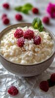 Delicious bowl of creamy rice pudding topped with fresh raspberries and oats photo