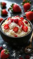Creamy oatmeal bowl topped with fresh strawberries and raspberries served on a dark table photo