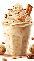 Delicious oat-based dessert topped with whipped cream and cinnamon sticks in a cozy setting photo