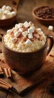 Warm and creamy hot chocolate topped with marshmallows and cocoa served in a rustic mug with cinnamon on a wooden table photo