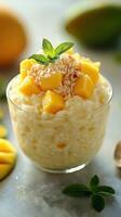 Creamy mango rice dessert topped with oats and fresh mint in a clear glass cup photo