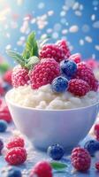 Vivid bowl of creamy dessert topped with fresh raspberries and blueberries in bright, natural light photo