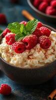 Creamy rice pudding topped with fresh raspberries and mint on a blue background photo