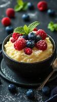 Creamy oatmeal topped with fresh berries and mint served in a black bowl on a dark surface photo