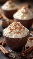 Rich dessert featuring creamy whipped topping and aromatic spices displayed in cozy setting photo
