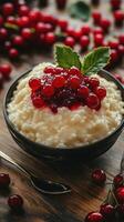Creamy rice pudding topped with fresh red currants and a mint leaf on a rustic wooden table photo