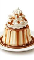 Delicious dessert featuring creamy flan topped with whipped cream and caramel drizzle, perfect for any occasion photo