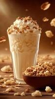 Smooth and creamy dessert drink topped with crunchy granola on a wooden table with scattered ingredients photo