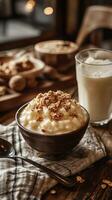 Delicious bowl of rice pudding topped with granola served with a glass of milk in a cozy cafe setting photo