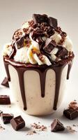 Delicious dessert featuring creamy ice cream topped with chocolate, whipped cream, and nuts in a stylish cup photo