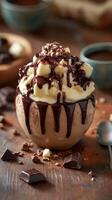 Delicious chocolate dessert served with whipped cream and pieces of banana at a cozy cafe setting photo
