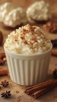 Creamy rice pudding topped with cinnamon in a cozy kitchen setting during the autumn season photo