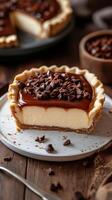 Decadent chocolate cream pie served on a rustic wooden table in a cozy kitchen setting photo