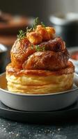 Freshly baked pastry topped with savory ingredients on a rustic table photo