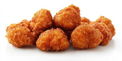Crispy fried chicken bites piled on a clean surface for an appealing culinary display photo