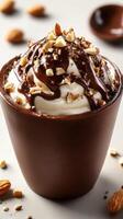 Decadent chocolate dessert topped with creamy frosting and crunchy nuts served in a chocolate cup photo