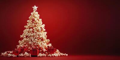 Creative popcorn tree decorated with gifts on a red backdrop during festive season photo