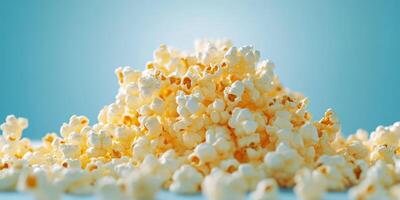Fluffy popcorn pile against a bright blue background creating a cozy snack atmosphere photo