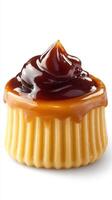 Delicious dessert with creamy topping and rich caramel sauce on a stylish plate photo