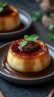 Delicious caramel flan topped with a cherry and mint leaf on a dark stone background photo