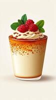 Delicious dessert with creamy topping, fresh raspberries, and mint leaves in an elegant glass photo