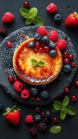 Delicious dessert with caramelized top and fresh berries on a dark slate plate photo