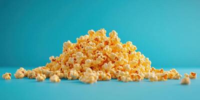 Freshly popped popcorn arranged in a vibrant display against a blue background photo