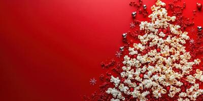 Creative popcorn Christmas tree decoration on a vibrant red background featuring festive ornaments and textures during the holiday season photo