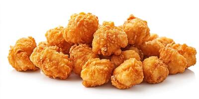 Crispy golden chicken bites piled on a white surface ready for serving at a casual gathering or celebratory meal photo