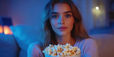 Relaxing evening at home enjoying popcorn while watching a movie in cozy blue light photo