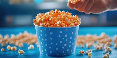 Delicious popcorn being grabbed by a hand from a blue polka dot container on a vibrant blue table photo