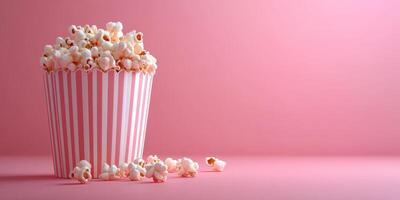 Popcorn in a striped container on pink background for a movie night or snack time photo