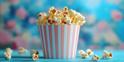 Colorful popcorn in striped container set against a vibrant blue background with colorful floral patterns photo